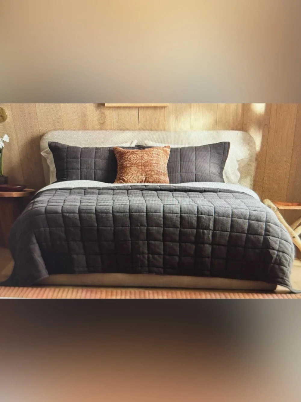 Quince Organic Cotton Gauze Box Quilt - Dark Gray - King/Cal King